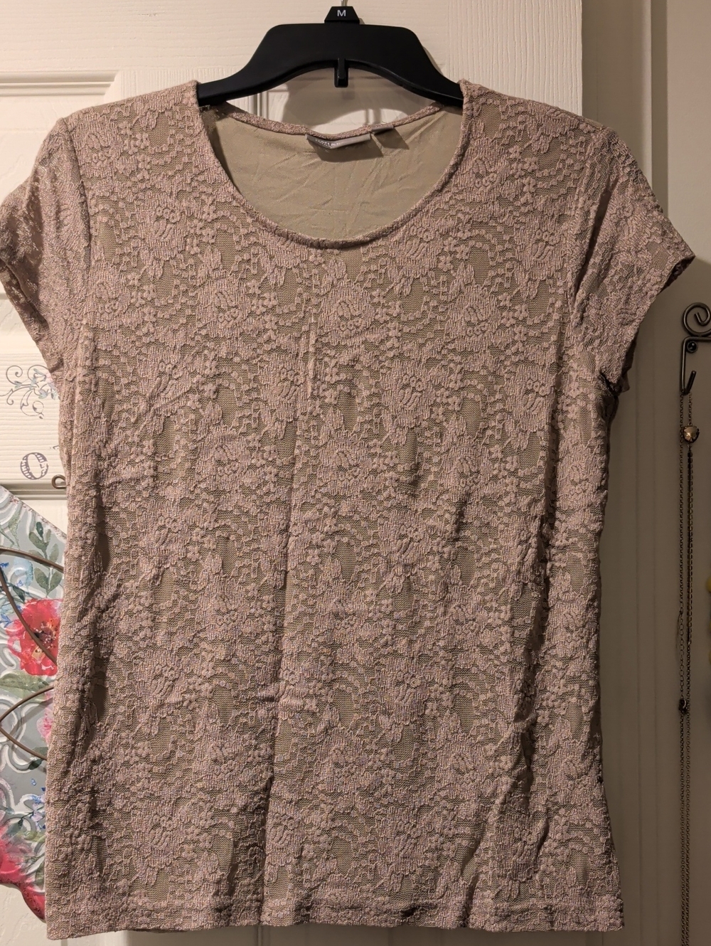 #2 croft & barrow Taupe Lace-Overlay Short Sleeve Tee